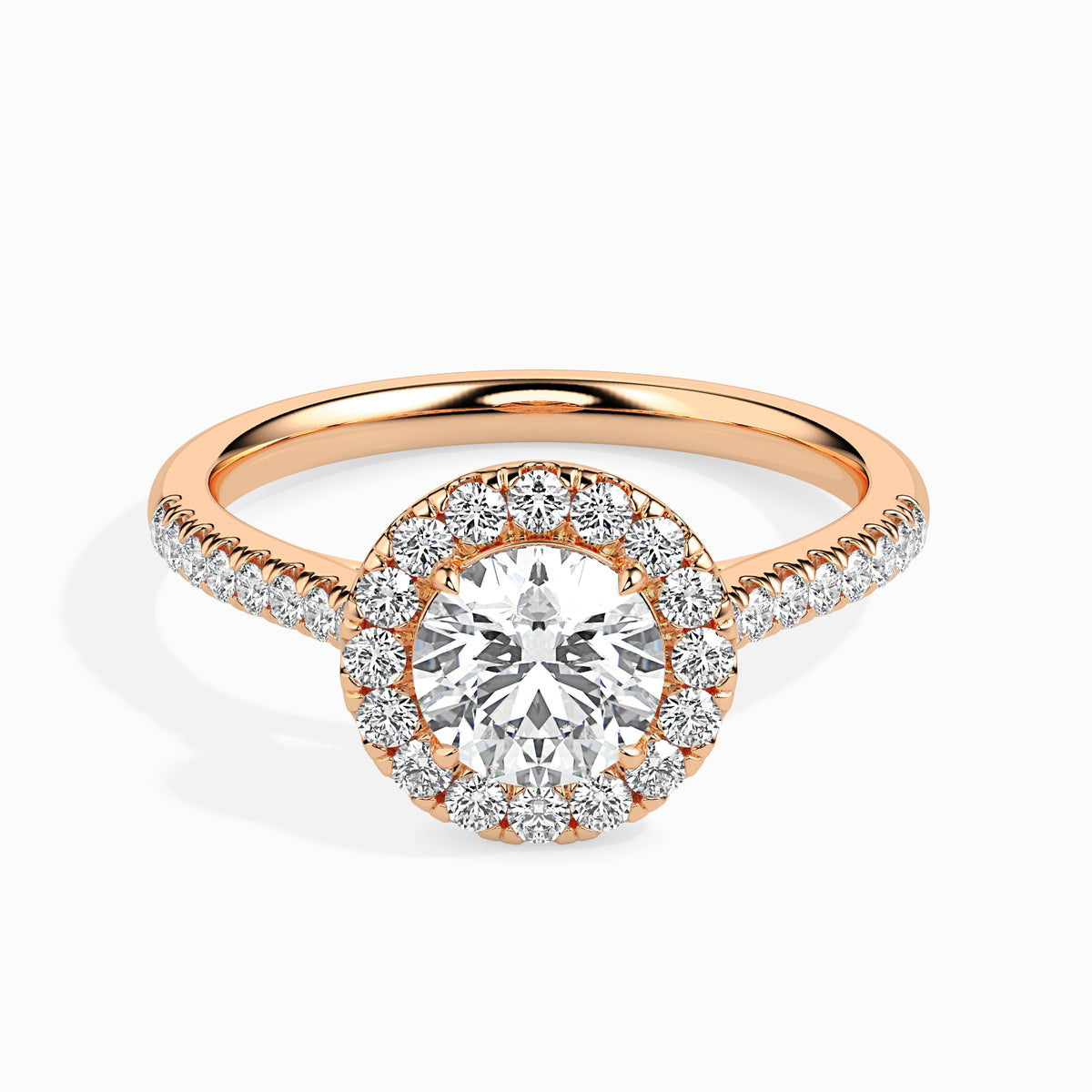 Classic Halo Round Solitaire  0.50 To 3.00 Carat Diamond Ring With Side Stones - Rose Gold