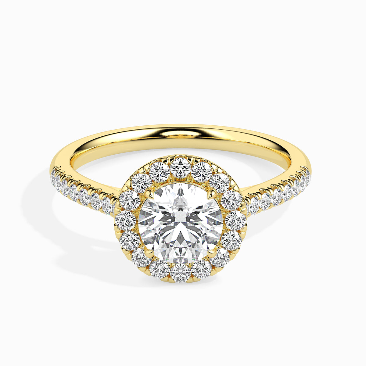 Classic Halo Round Solitaire  0.50 To 3.00 Carat Diamond Ring With Side Stones - Yellow Gold