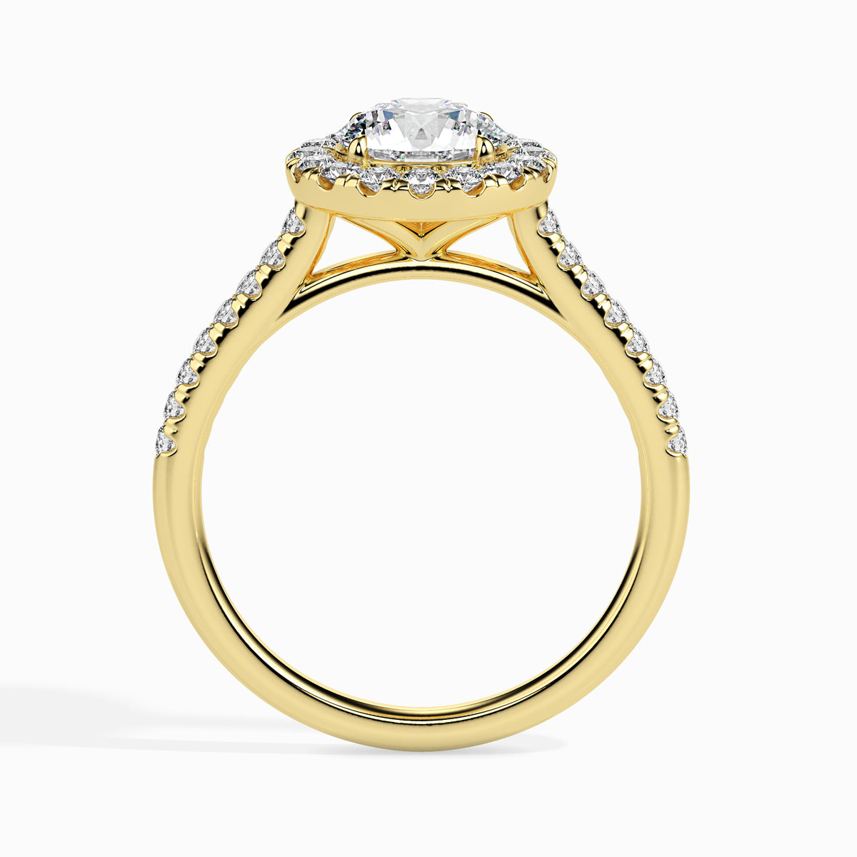Classic Halo Round Solitaire  0.50 To 3.00 Carat Diamond Ring With Side Stones - Yellow Gold
