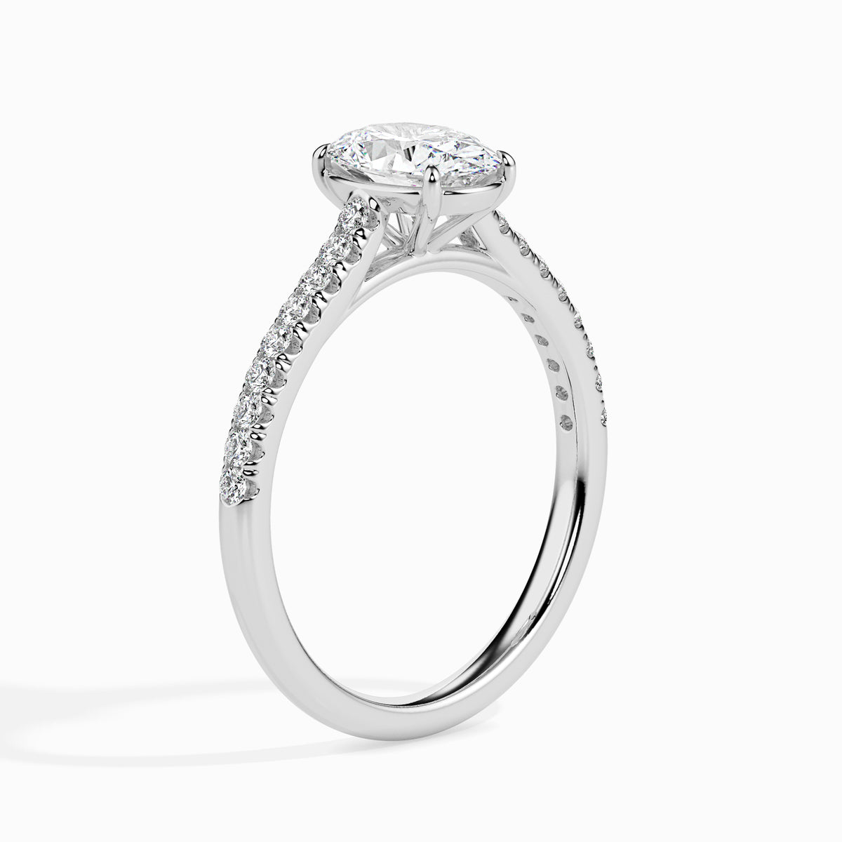 Classic Oval  Solitaire  0.50 To 3.00 Carat Diamond Ring With Side Stones - White Gold