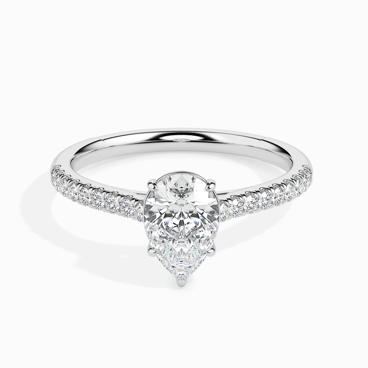 Classic Pear Solitaire  0.50 To 3.00 Carat Diamond Ring With Side Stones - White Gold