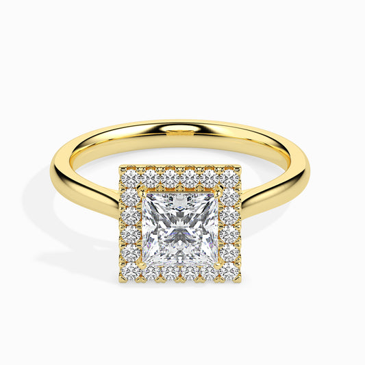 Classic Halo Princess Solitaire  0.50 To 3.00 Carat Diamond Ring - Yellow Gold