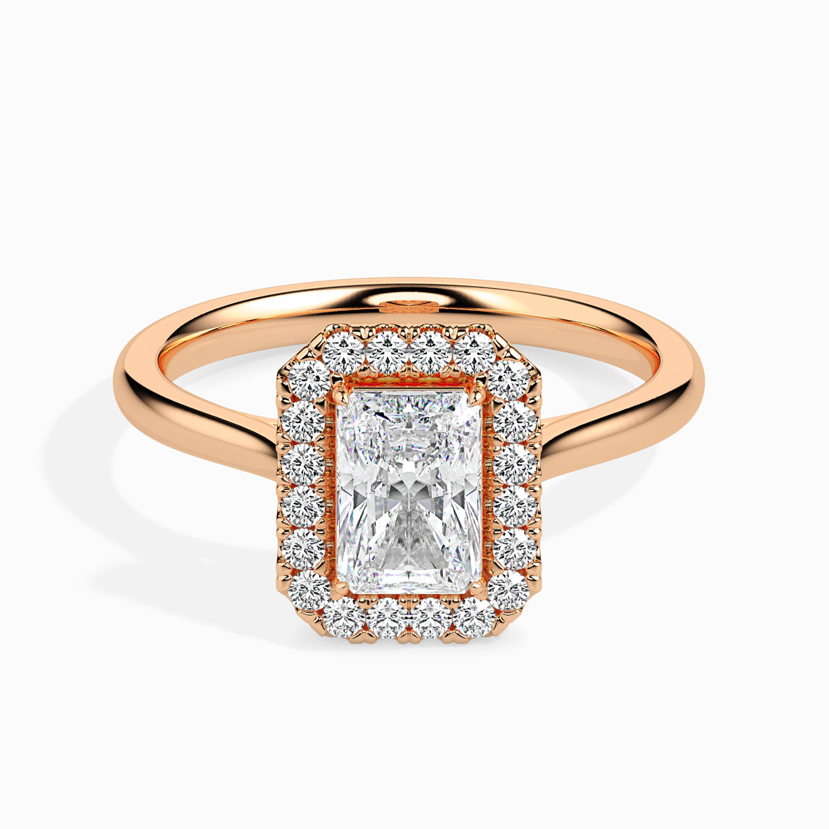 Classic Halo Rectangular Radiant Solitaire  0.50 To 3.00 Carat Diamond Ring - Rose Gold