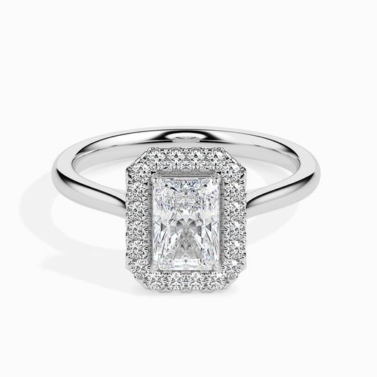 Classic Halo Rectangular Radiant Solitaire  0.50 To 3.00 Carat Diamond Ring - White Gold