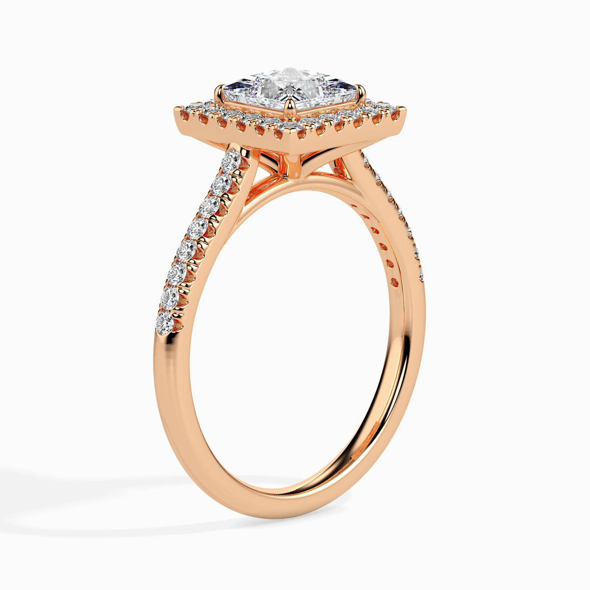 Classic Halo Princess Solitaire  0.50 To 3.00 Carat Diamond Ring With Side Stones - Rose Gold