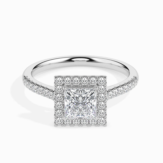 Classic Halo Princess Solitaire  0.50 To 3.00 Carat Diamond Ring With Side Stones - White Gold