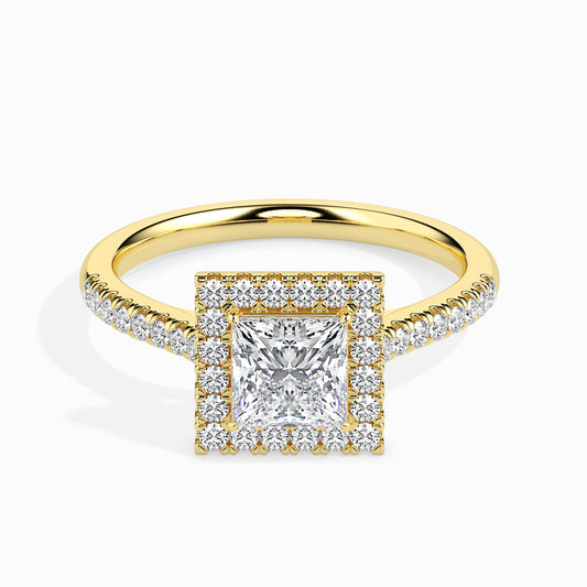Classic Halo Princess Solitaire  0.50 To 3.00 Carat Diamond Ring With Side Stones - Yellow Gold
