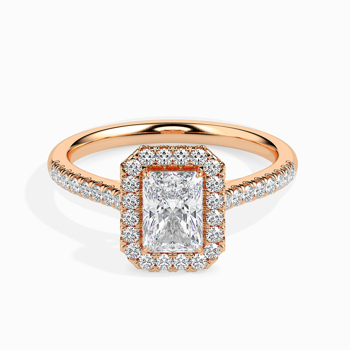 Classic Halo Rectangular Radiant Solitaire  0.50 To 3.00 Carat Diamond Ring With Side Stones - Rose Gold