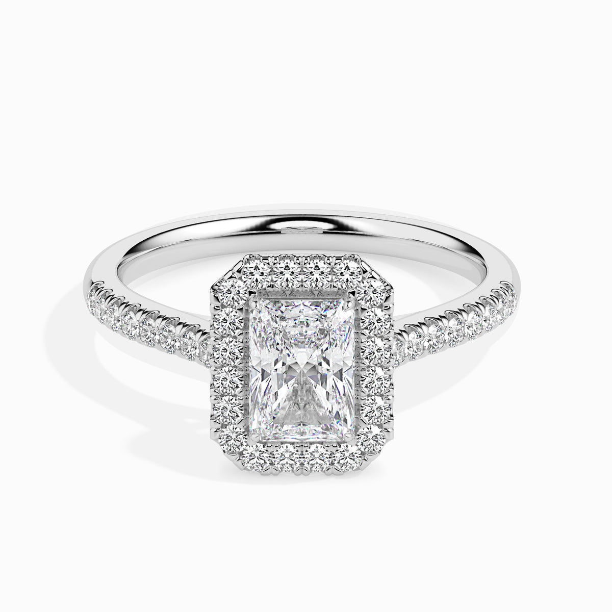 Classic Halo Rectangular Radiant Solitaire  0.50 To 3.00 Carat Diamond Ring With Side Stones - White Gold