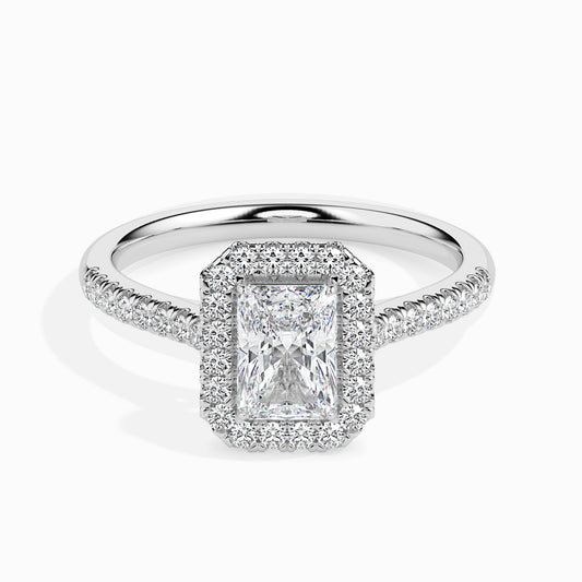 Classic Halo Rectangular Radiant Solitaire  0.50 To 3.00 Carat Diamond Ring With Side Stones - White Gold