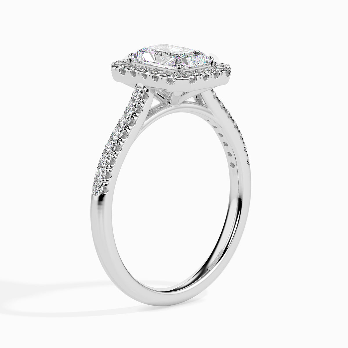 Classic Halo Rectangular Radiant Solitaire  0.50 To 3.00 Carat Diamond Ring With Side Stones - White Gold