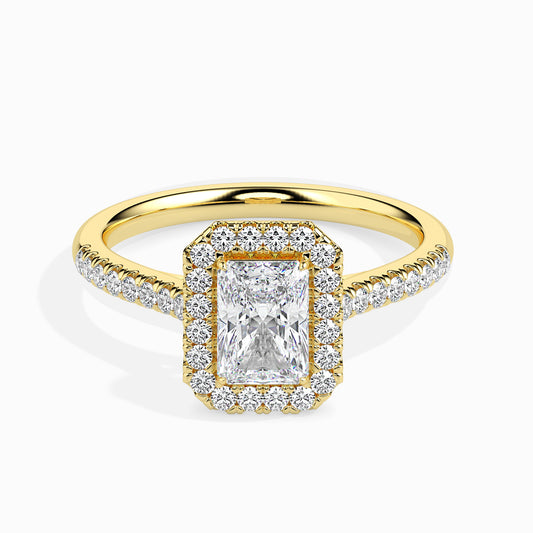 Classic Halo Rectangular Radiant Solitaire  0.50 To 3.00 Carat Diamond Ring With Side Stones - Yellow Gold