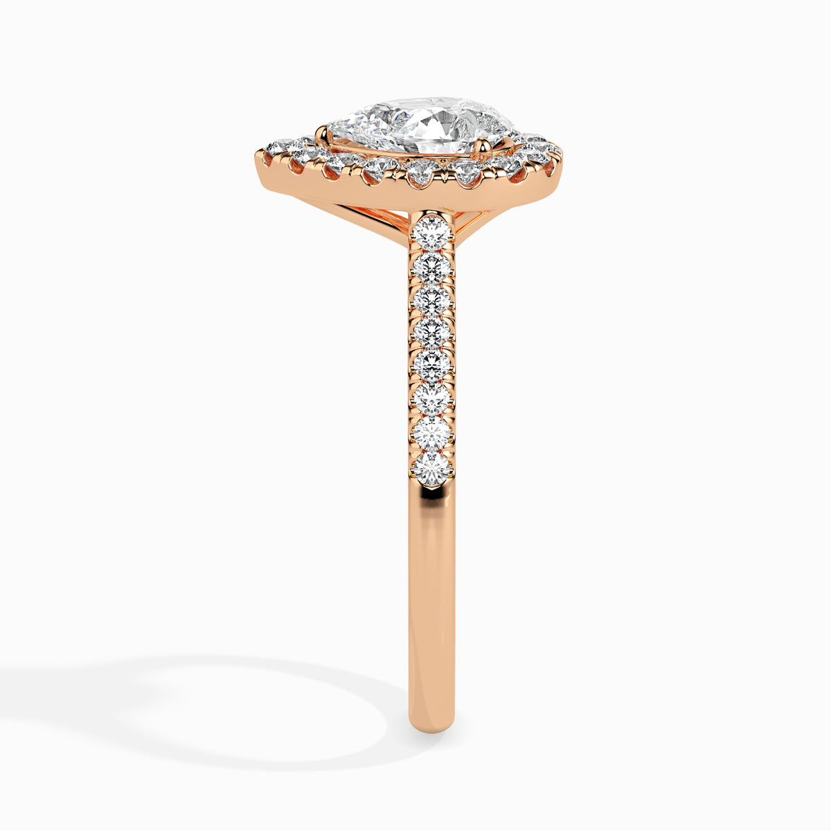 Classic Halo Pear Solitaire  0.50 To 3.00 Carat Diamond Ring With Side Stones - Rose Gold