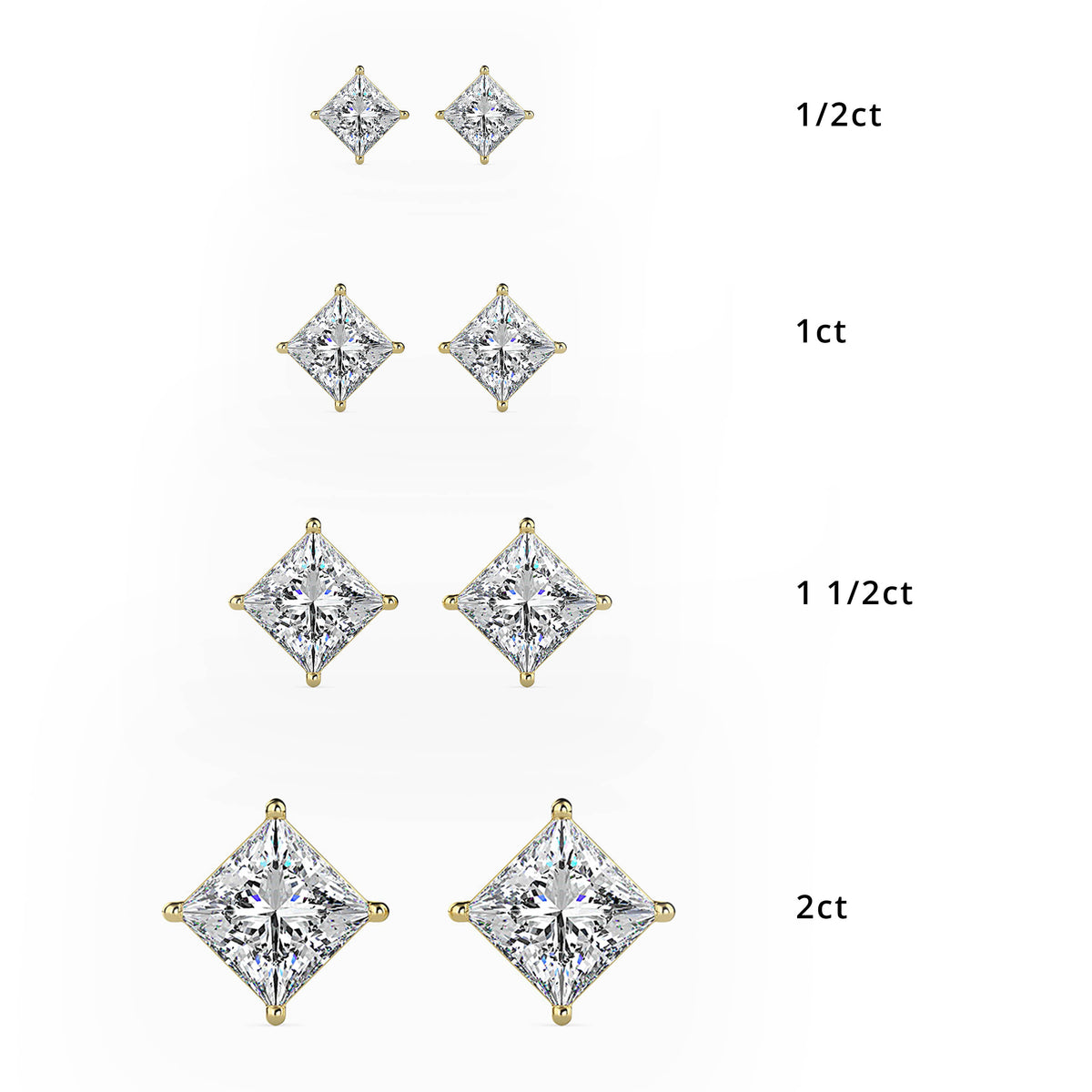 Classic Princess Solitaire Diamond Stud Earrings 0.50 To 5.00 Carat Pair