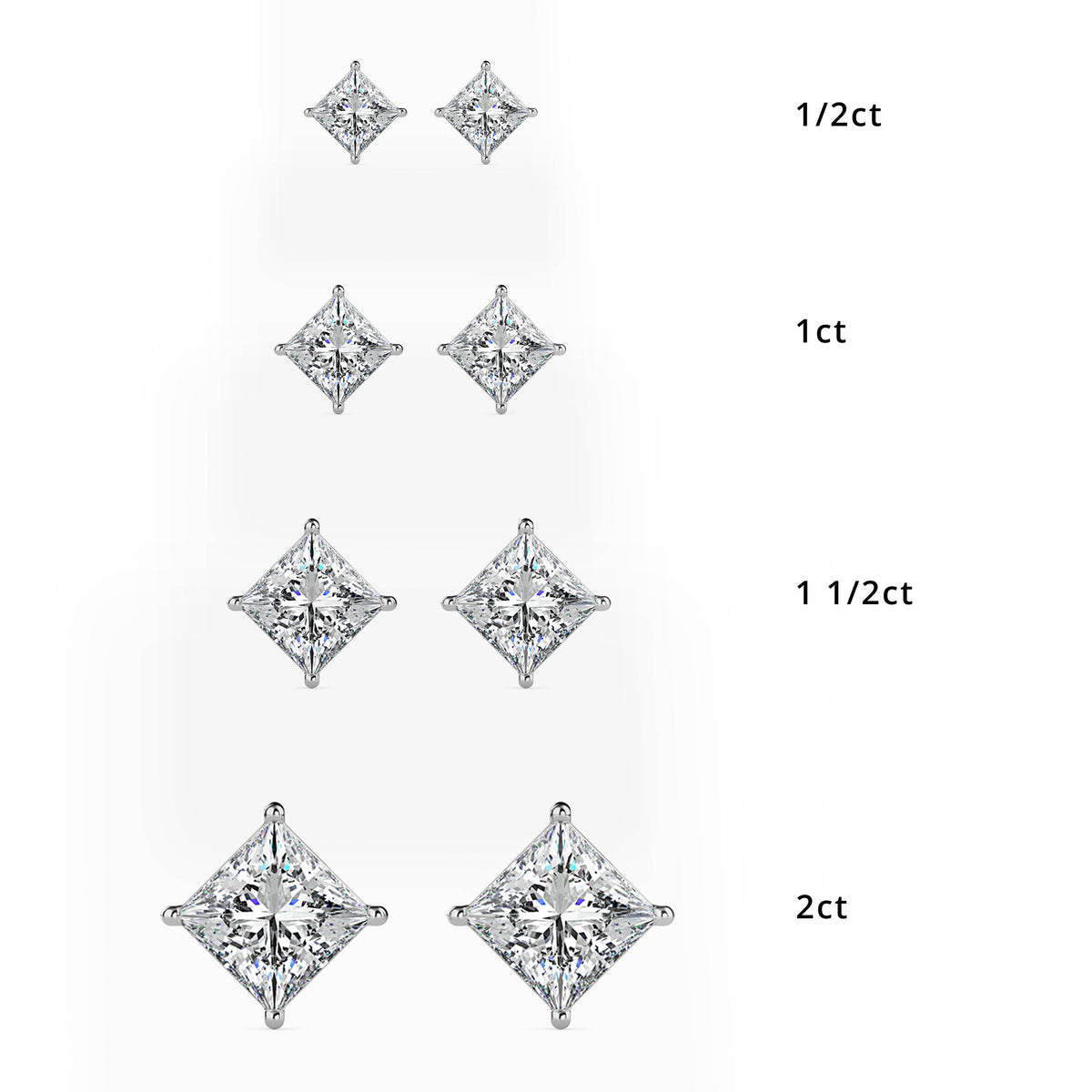 Classic Princess Solitaire Diamond Stud Earrings 0.50 To 5.00 Carat Pair