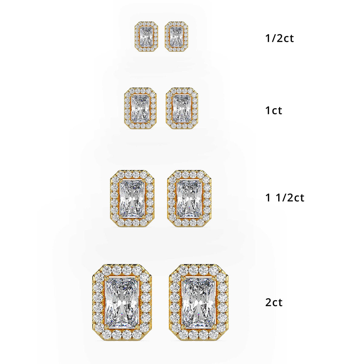 Classic Halo Rectangular Radiant Solitaire Diamond Stud Earrings 0.50 To 2.50 Carat Pair