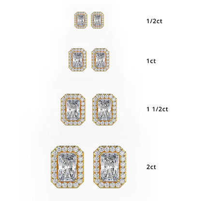 Classic Halo Rectangular Radiant Solitaire Diamond Stud Earrings 0.50 To 2.50 Carat Pair