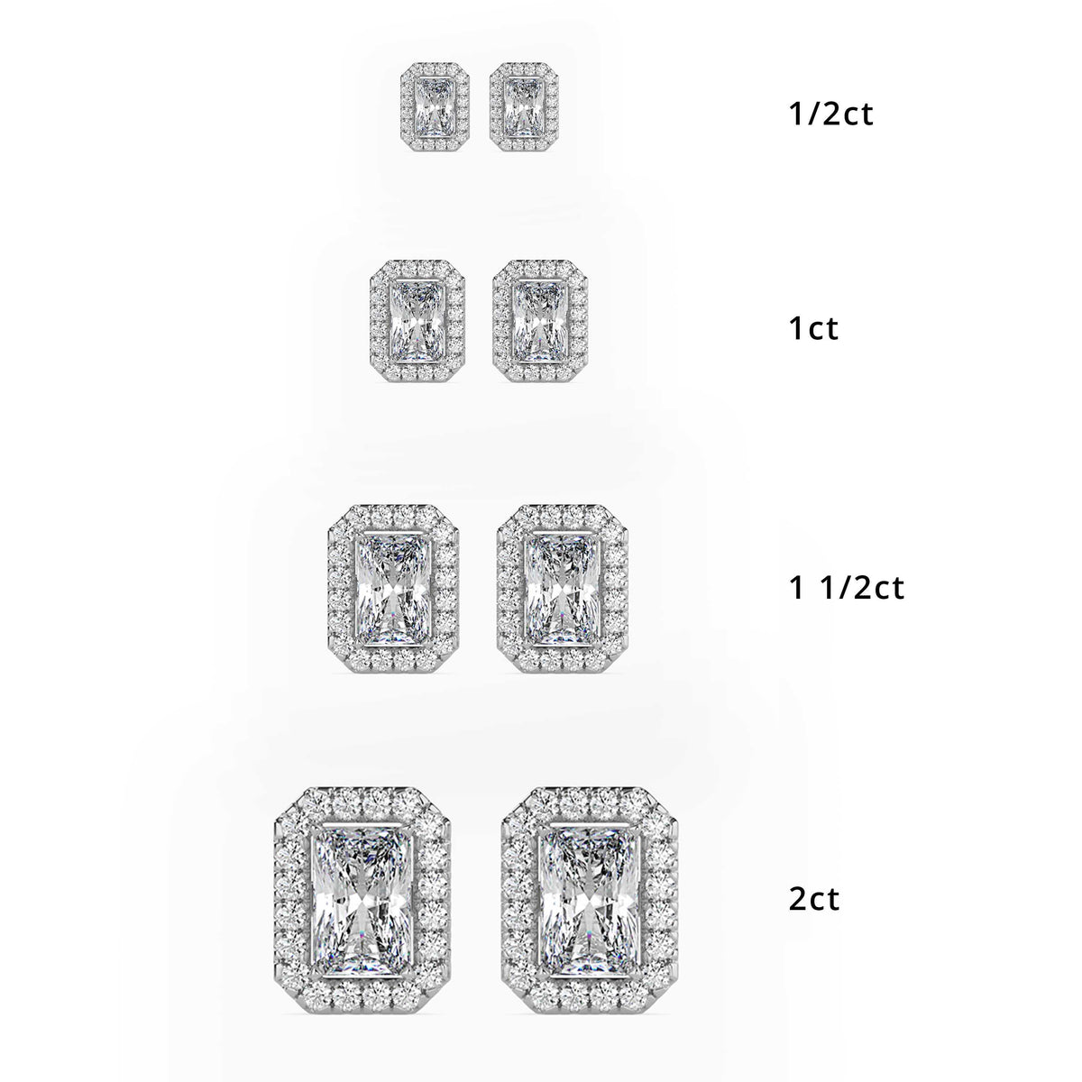 Classic Halo Rectangular Radiant Solitaire Diamond Stud Earrings 0.50 To 2.50 Carat Pair