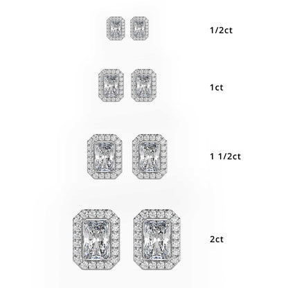 Classic Halo Rectangular Radiant Solitaire Diamond Stud Earrings 0.50 To 2.50 Carat Pair