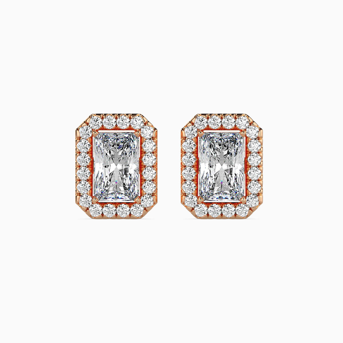 Classic Halo Rectangular Radiant Solitaire Diamond Stud Earrings 0.50 To 2.50 Carat Pair