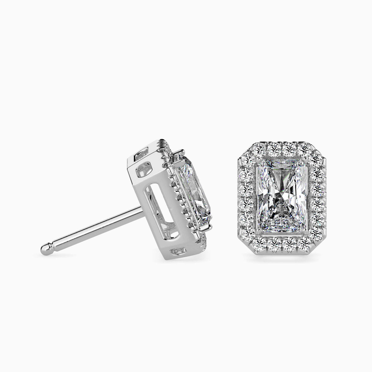 Classic Halo Rectangular Radiant Solitaire Diamond Stud Earrings 0.50 To 2.50 Carat Pair